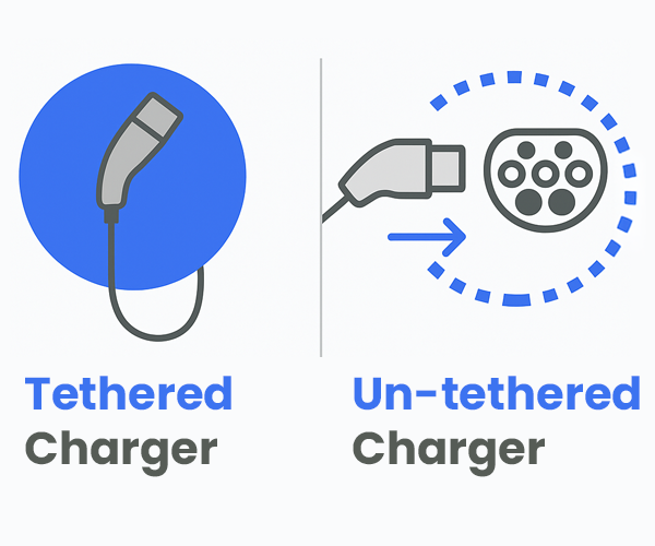 Infographic comparing tethered and socketed electric vehicle chargers. The left side shows a tethered charger with an integrated cable, while the right side illustrates a socketed charger requiring a separate cable. Each type is labelled with a brief description explaining the key difference.